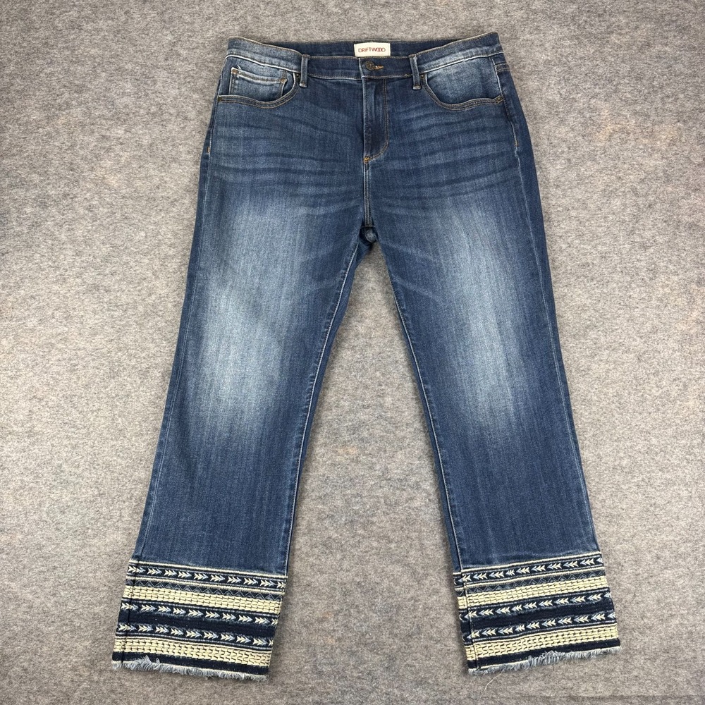 Driftwood Colette Embroidered Cropped Jeans 26" Aztec Boho Hem Womens 33